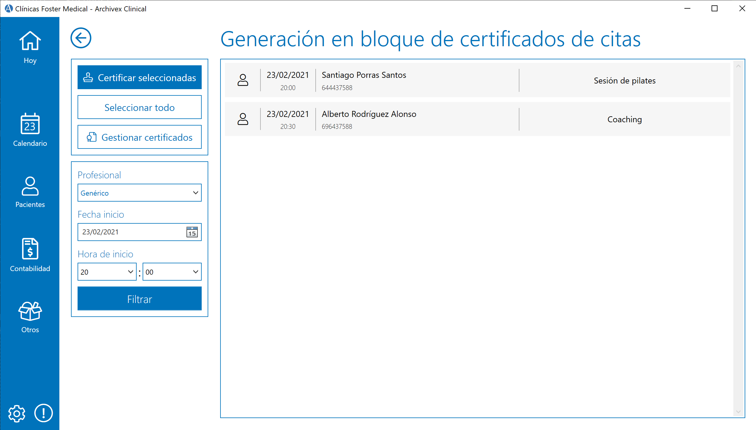 Generación en bloque de certificados en Archivex Clinical