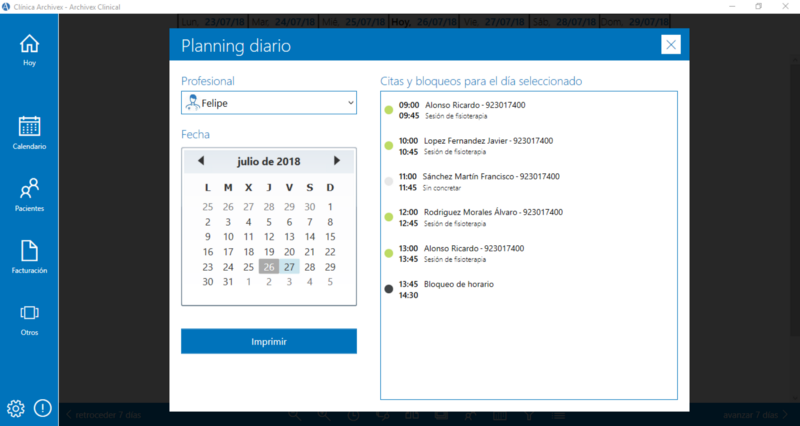 Planning diario Archivex Clinical