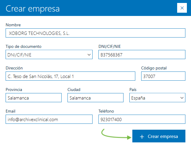 crear empresa en archivex