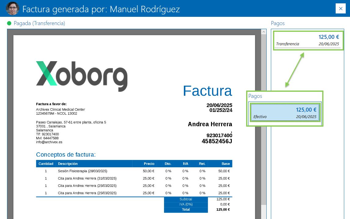 Cómo cambiar el método de pago en una factura emitida en Archivex