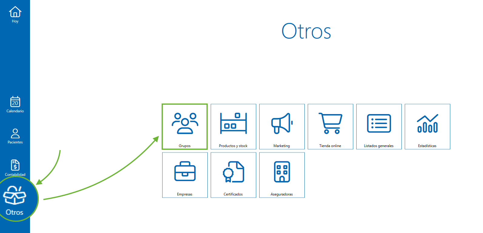 Cómo acceder al menú "Otros > Grupos" en Archivex